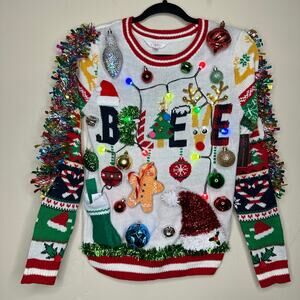 Ugly Christmas Sweater Believe LIGHTS UP Tacky Tinsel Xmas Party Winner Size XS